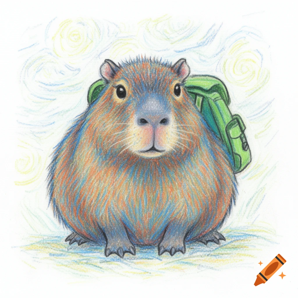 Childish pastel drawing of a capybara wearing a green backpack, with a subtle Van Gogh-inspired swirling background.