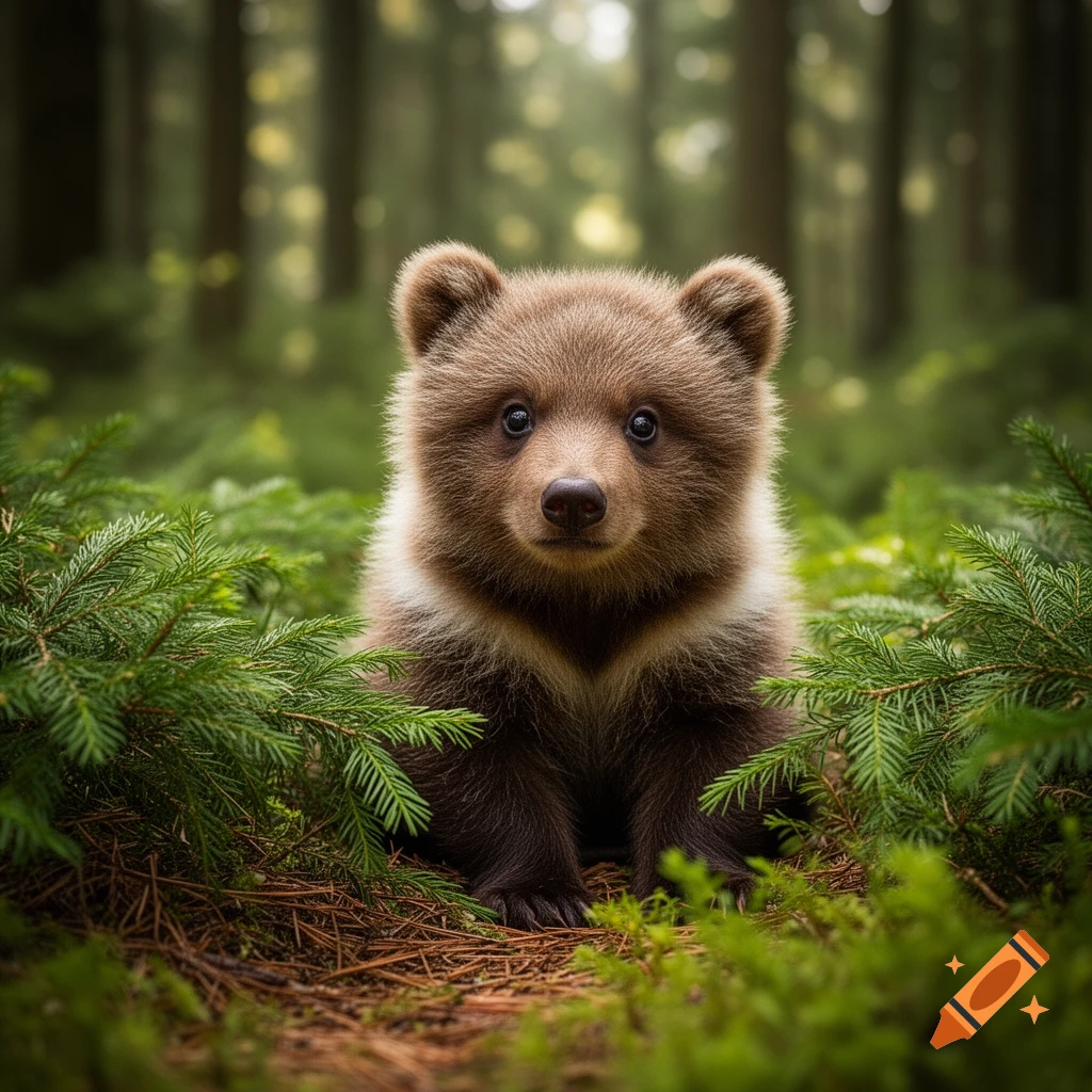 A fluffy brown bear cub with a white chest patch sits among green pine needles and foliage in a forest, looking at the viewer.