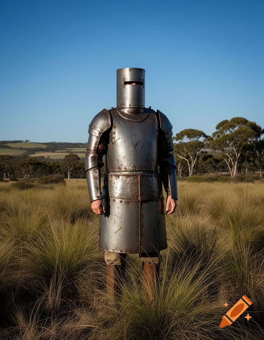 A person in rusty, full Ned Kelly armor stands in a tall grassy field under a clear blue sky.