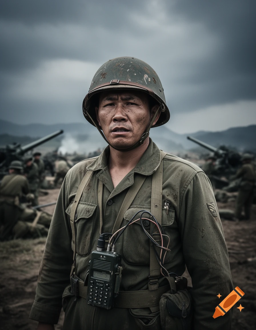 Close-up photorealistic portrait of a grim-faced soldier in a helmet and olive drab uniform with a radio on his chest, standing in a muddy warzone with artillery in the background under a cloudy sky.