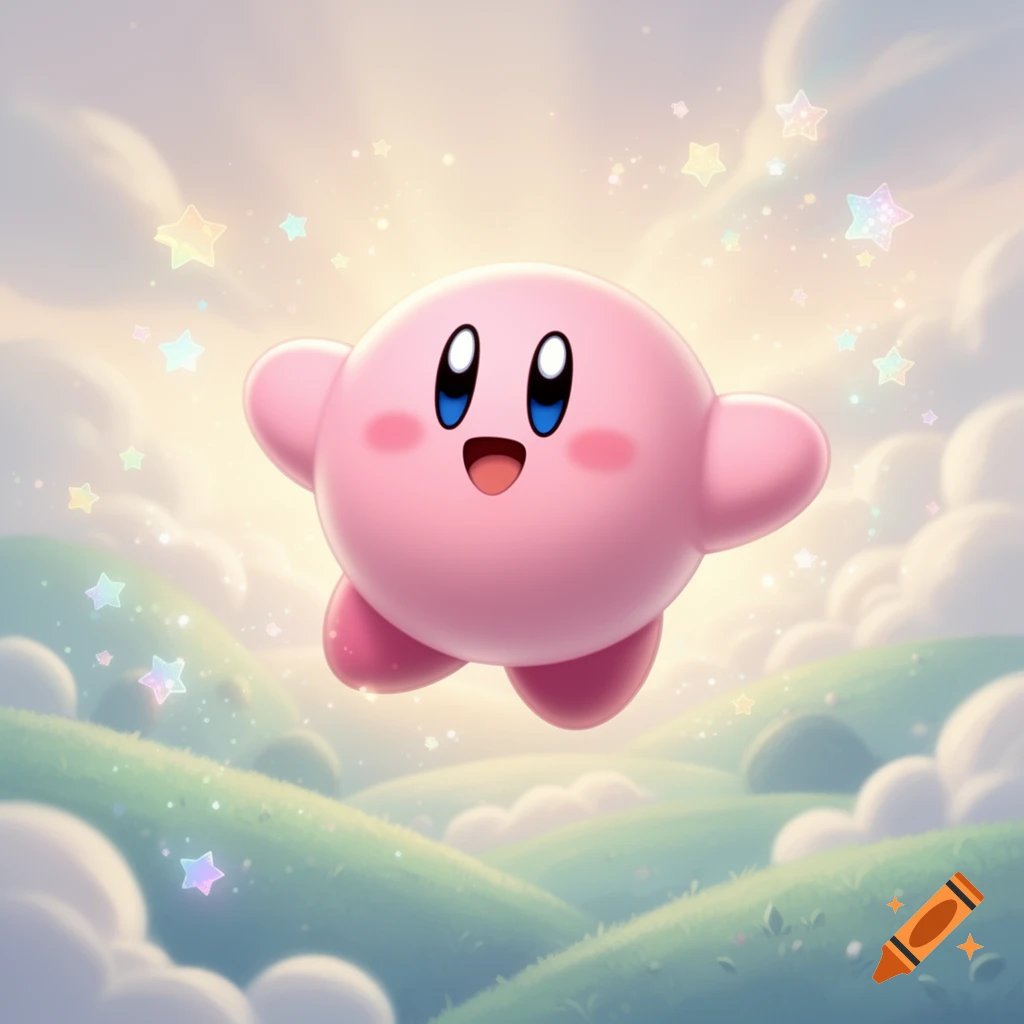 Kirby floats happily over rolling green hills under a pastel sky with sparkling stars and clouds.