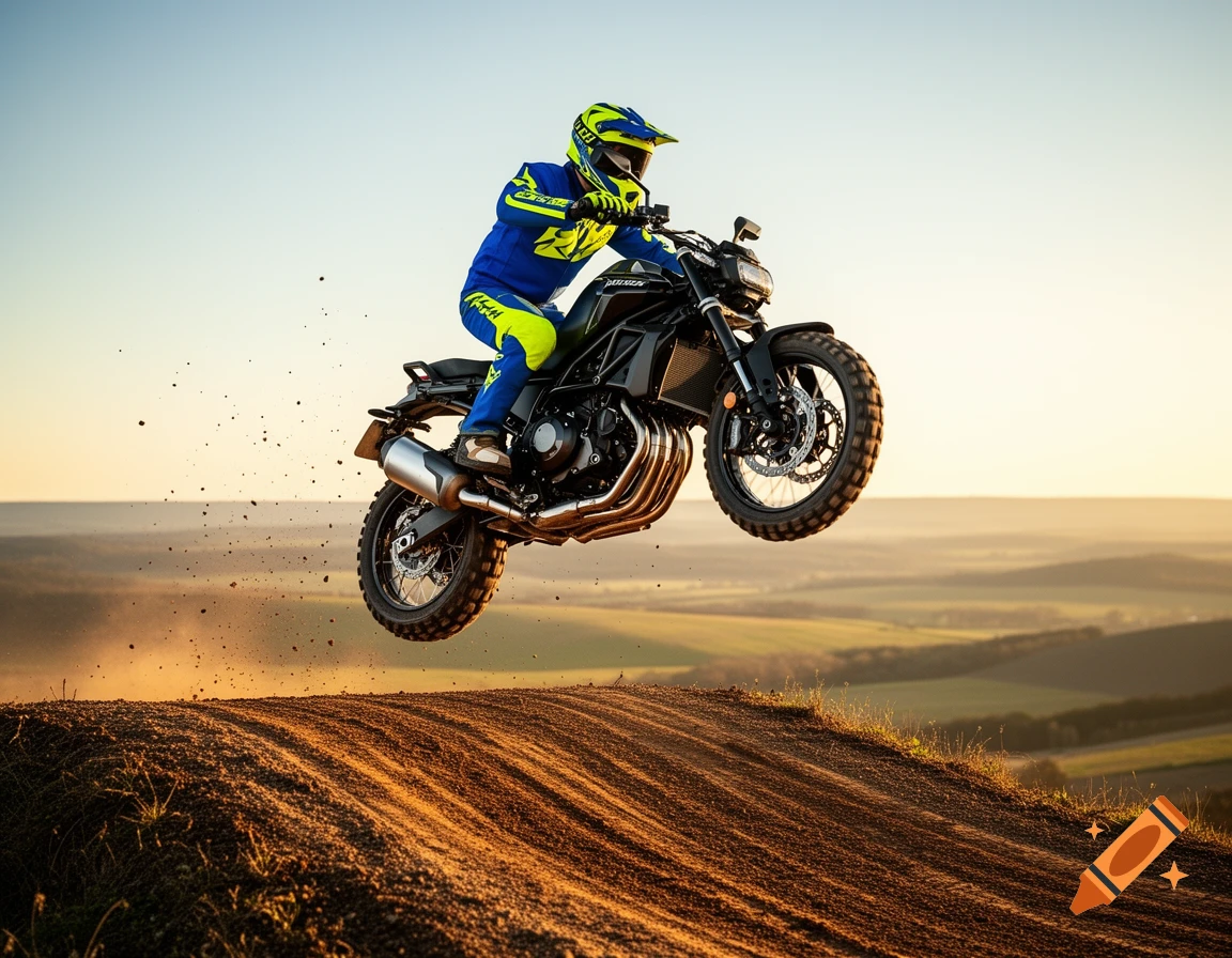 A motorcyclist in blue and yellow gear on a black dirt bike is mid-air, jumping over a dirt mound against a clear sky with a sunset glow and rolling hills in the background. Dirt is flying from the jump.