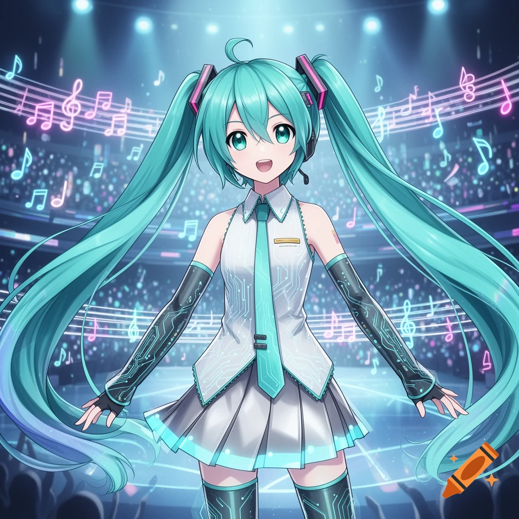 Hatsune Miku with blue-green twin-tails, wearing a white and blue outfit with circuit patterns, stands smiling on a stage with glowing musical notes in the background.