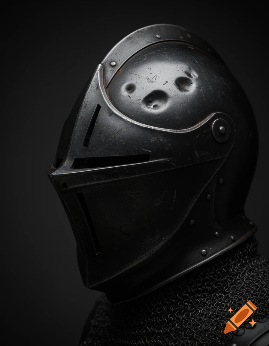 Close-up, photorealistic image of a dark, dented, and scratched black knight's helmet with chainmail against a dark background.
