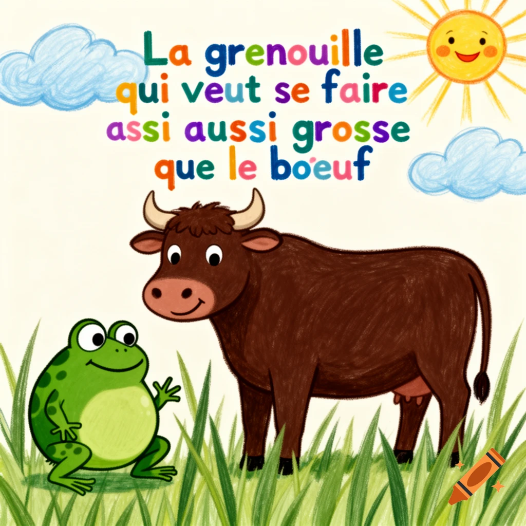 Cartoon illustration of a green frog and a brown cow in a grassy field with a smiling sun and French text.