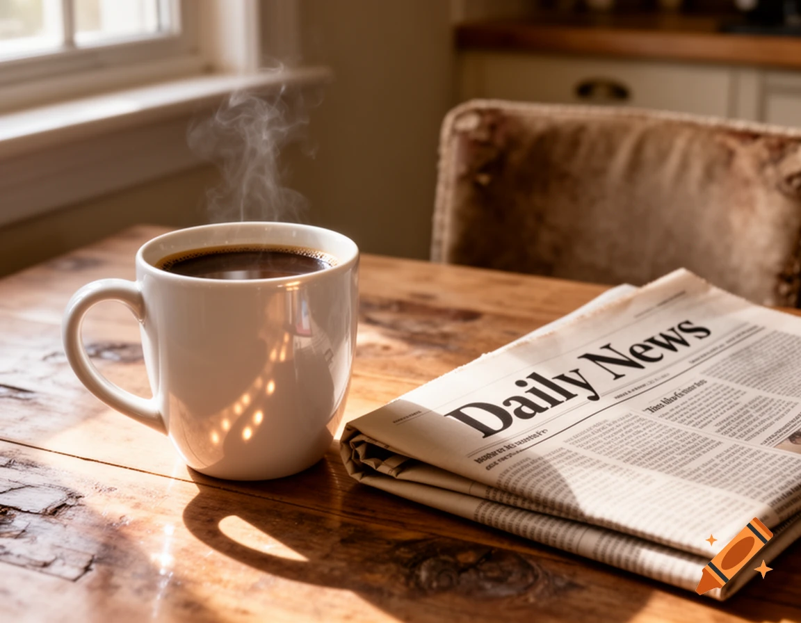 Steaming cup of coffee and a newspaper on a sunlit wooden table near a window, photorealistic style.