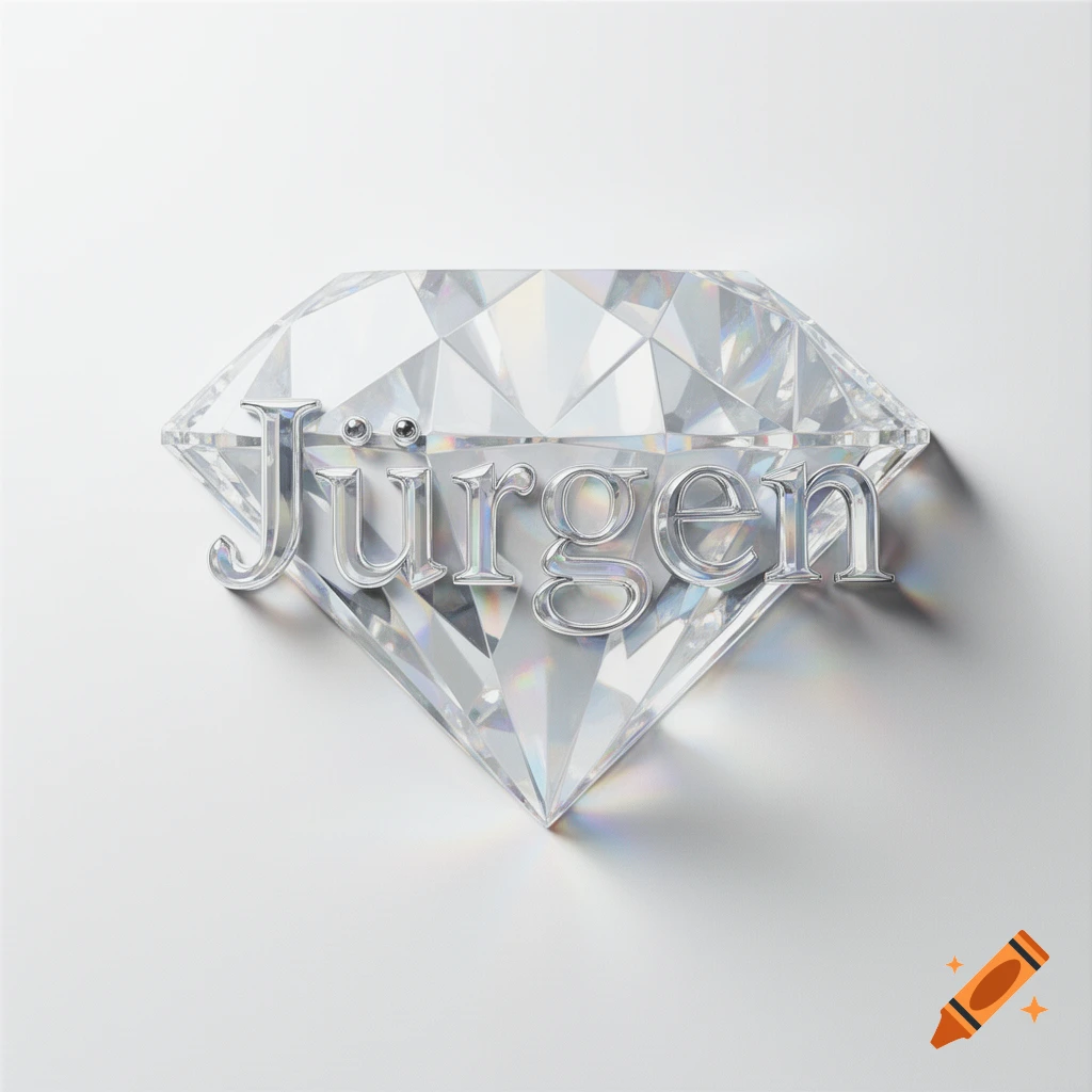 A shiny, faceted diamond with the metallic word "Jürgen" embossed on its surface, casting a shadow on a white background.