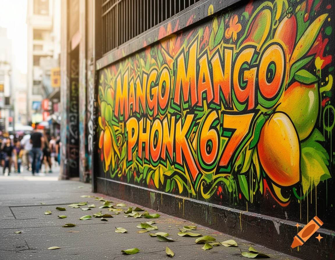 A vibrant graffiti mural on an urban wall reads "MANGO MANGO PHONK 67" alongside illustrations of mangoes, with fallen leaves on the sidewalk.