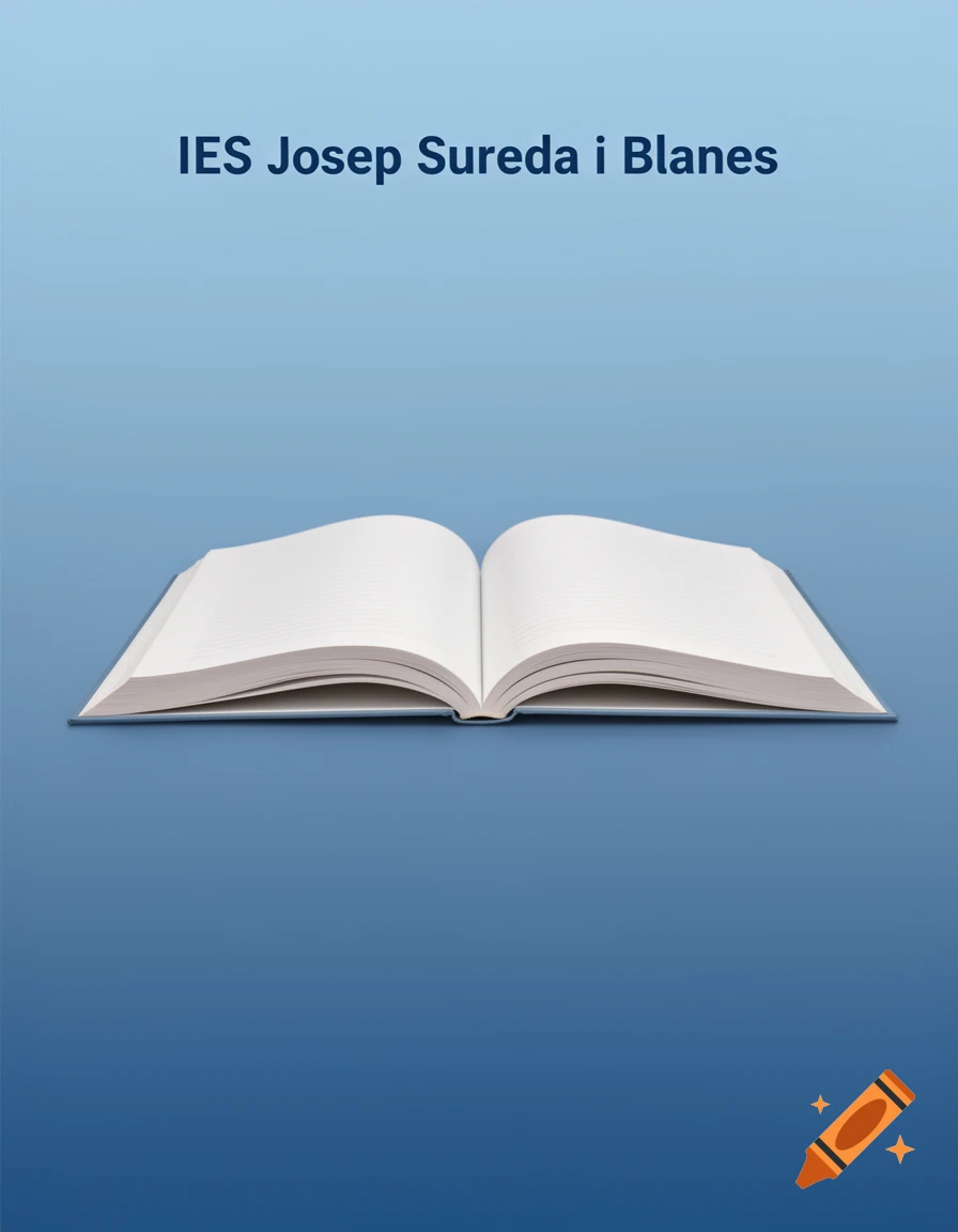 Minimalist open book with blank pages on a blue gradient background, featuring 'IES Josep Sureda i Blanes' text.
