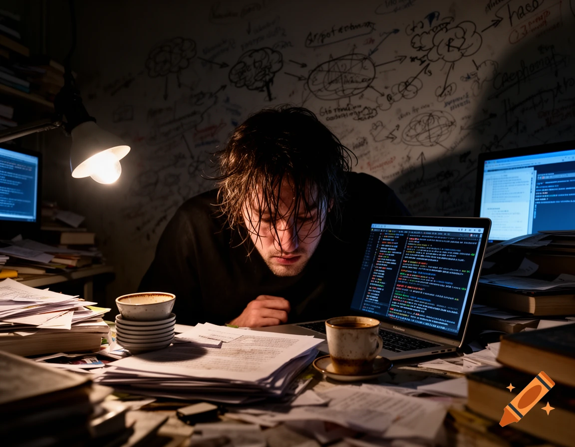 A man with messy hair, illuminated by a desk lamp, stares intensely at a laptop displaying code, surrounded by cluttered papers, coffee cups, and a wall covered in scribbled notes and diagrams.