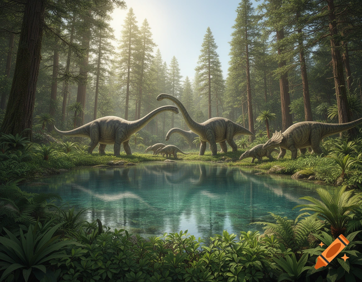 Photorealistic scene of sauropods and ceratopsian dinosaurs by a clear lake in a lush prehistoric forest under bright sunlight.