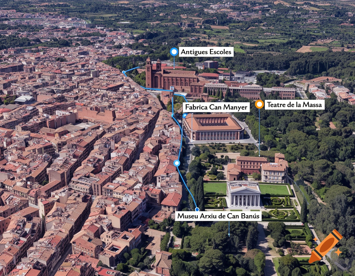 Aerial satellite view of Vilassar de Dalt, Spain, showing a blue route connecting labeled landmarks including Antigues Escoles, Fabrica Can Manyer, Teatre de la Massa, and Museu Arxiu de Can Banús.