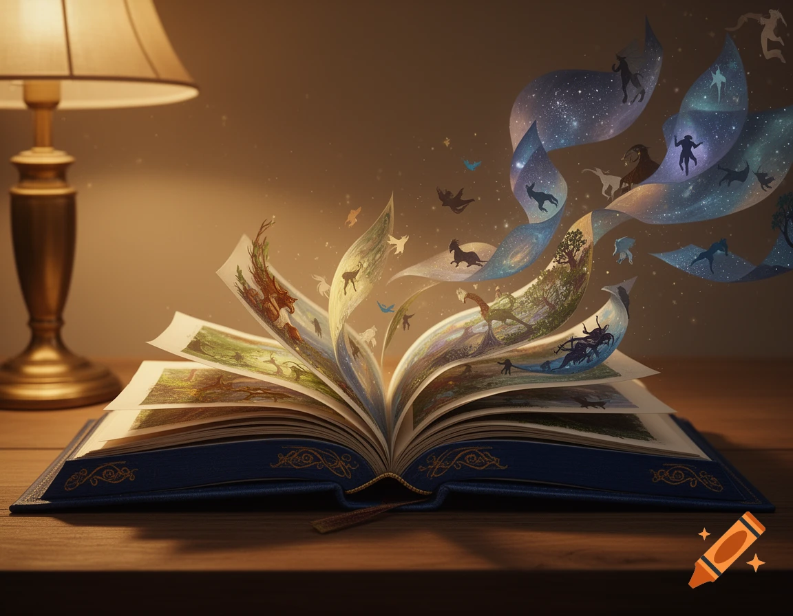 An open book on a wooden table under a lamp, with pages flying out, revealing fantastical illustrations of creatures and starry skies.