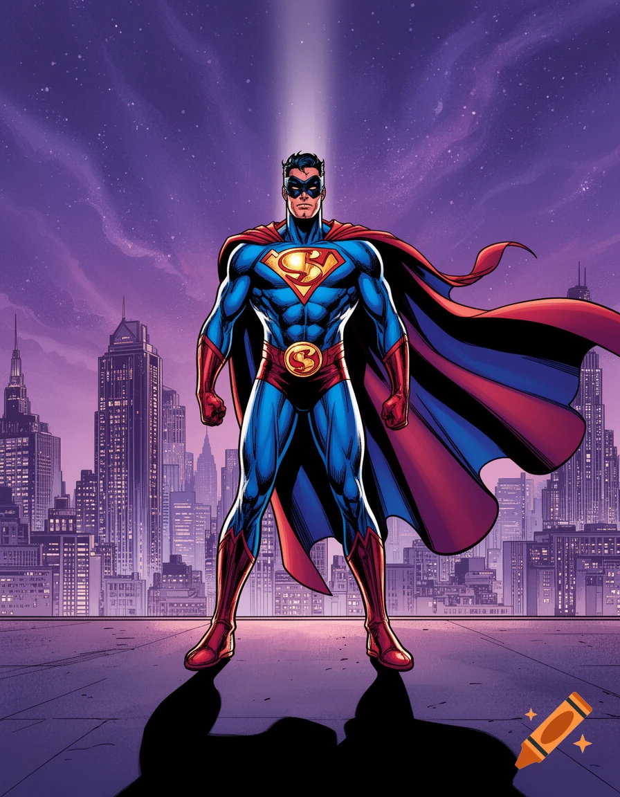 Comic art of a male superhero in a blue and red suit with an 'S' emblem and cape, standing on a city rooftop at night.