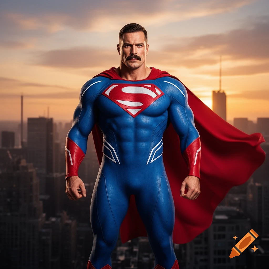 A muscular man with a mustache in a blue and red superhero suit with a red cape stands atop a skyscraper, overlooking a city at sunset.