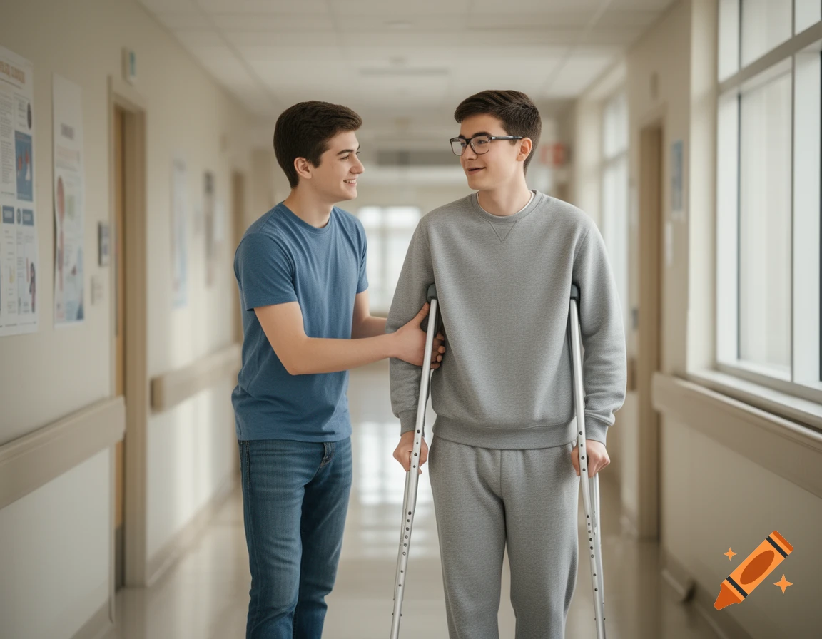 A young man assists another young man with glasses who is walking with crutches down a bright hospital hallway.