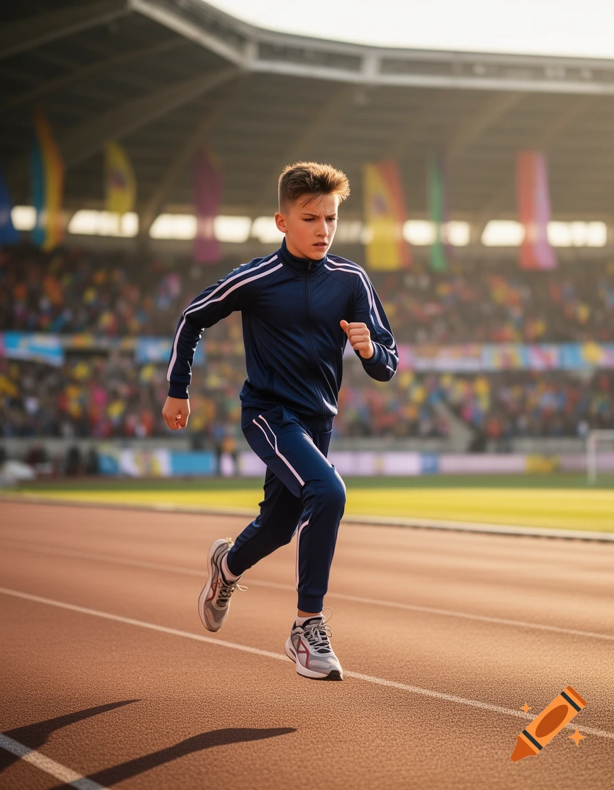 A young boy in a blue tracksuit runs on a stadium track during a sunny day.