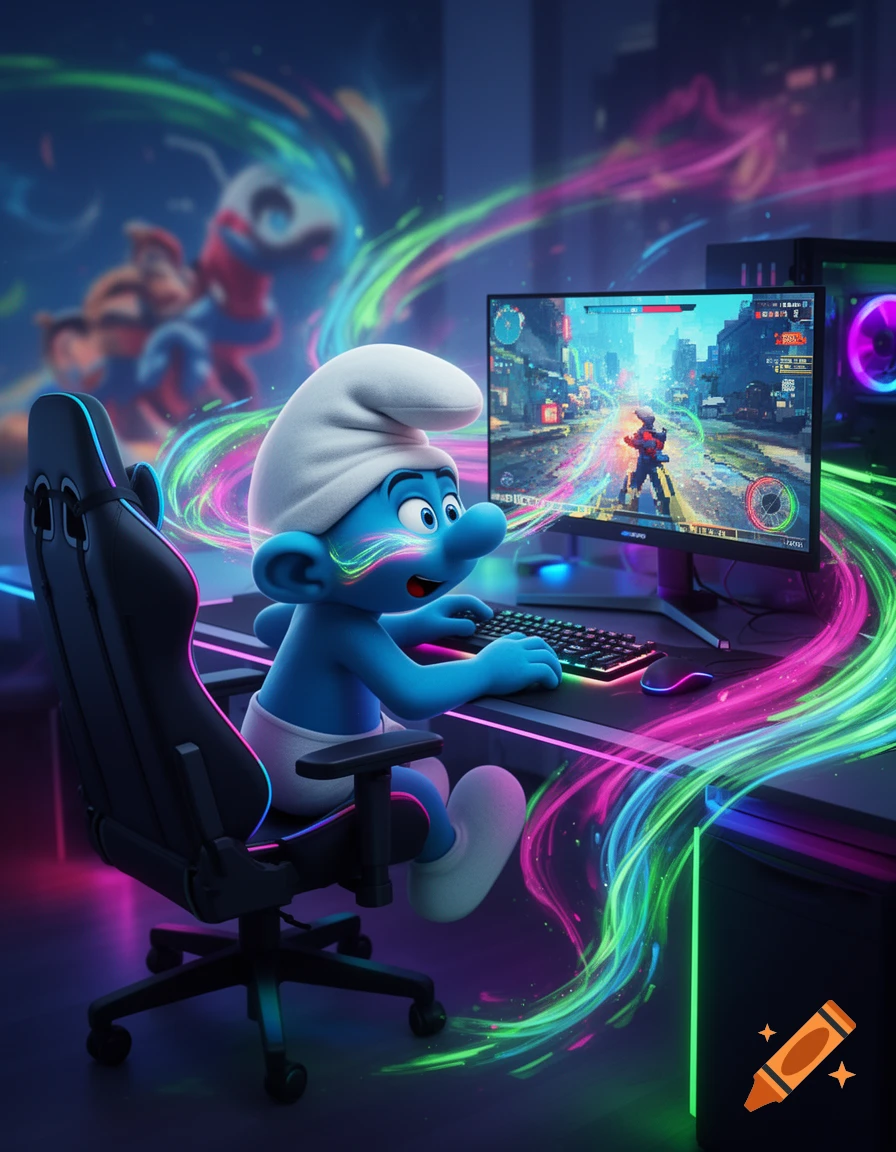A cartoon Smurf character enthusiastically plays a PC video game at a glowing desk with colorful light trails.