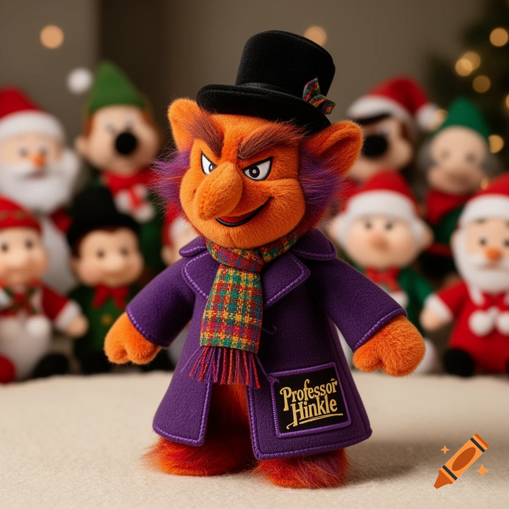 An orange Professor Hinkle plush toy in a purple coat, black top hat, and plaid scarf, with blurred Christmas plush toys in the background.