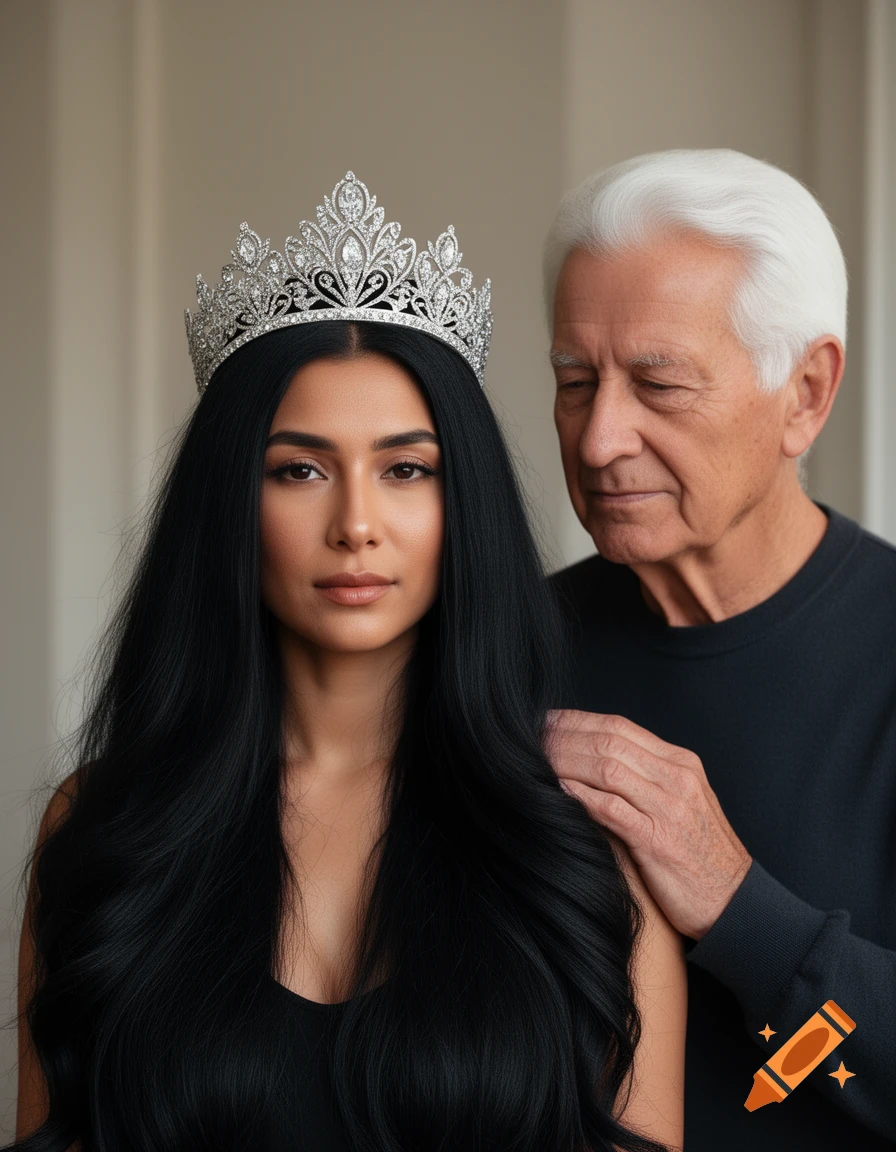A young woman with a silver crown and long black hair looks forward, an older white-haired man's hand rests on her shoulder.