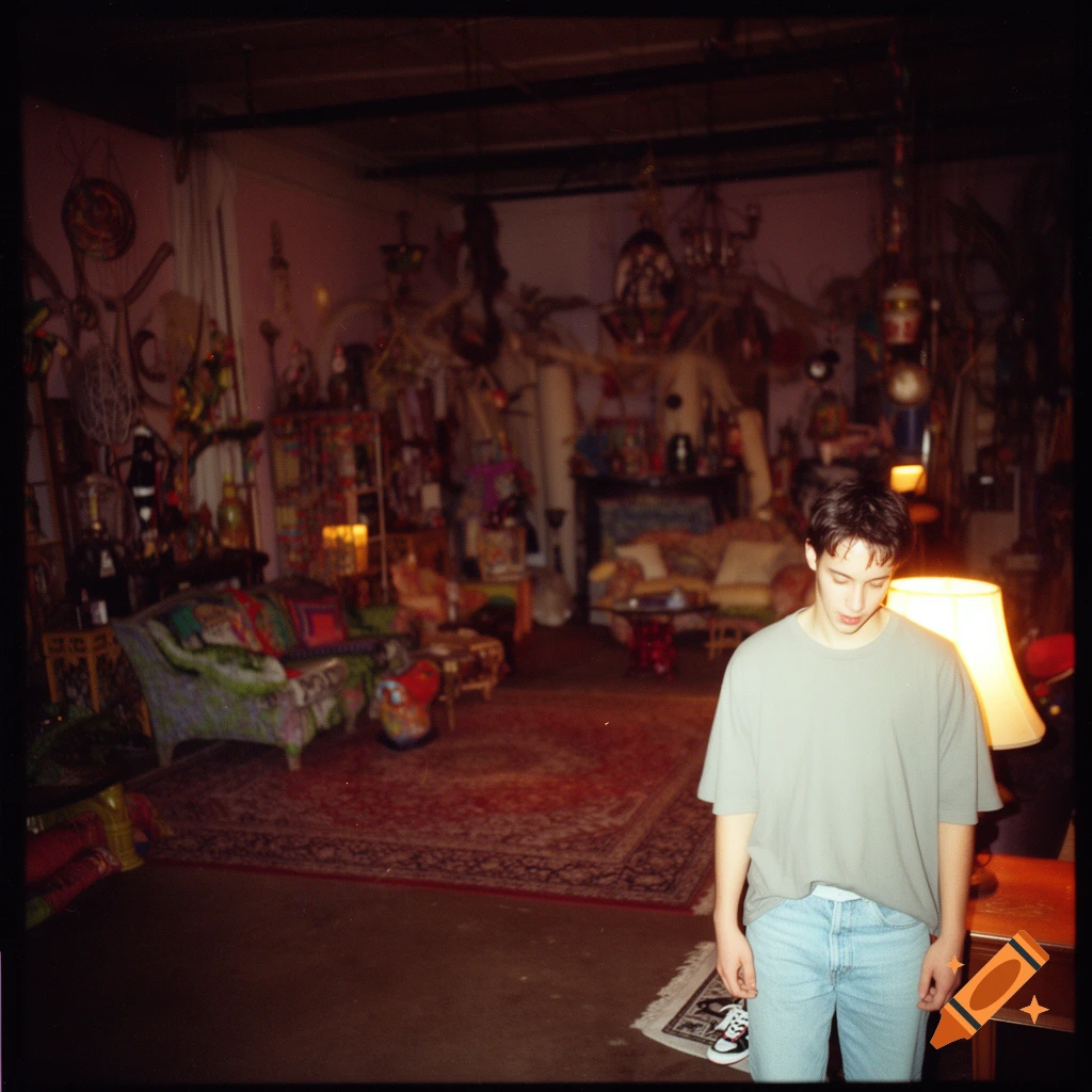 A young man looking down, standing in a dark, cluttered, quirky room with many decorative objects and a lamp, 35mm photo.