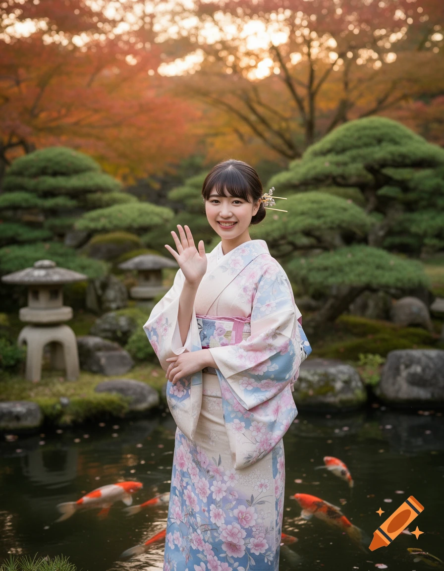A smiling young woman in a floral kimono waves in a traditional Japanese garden with koi fish and autumn trees.