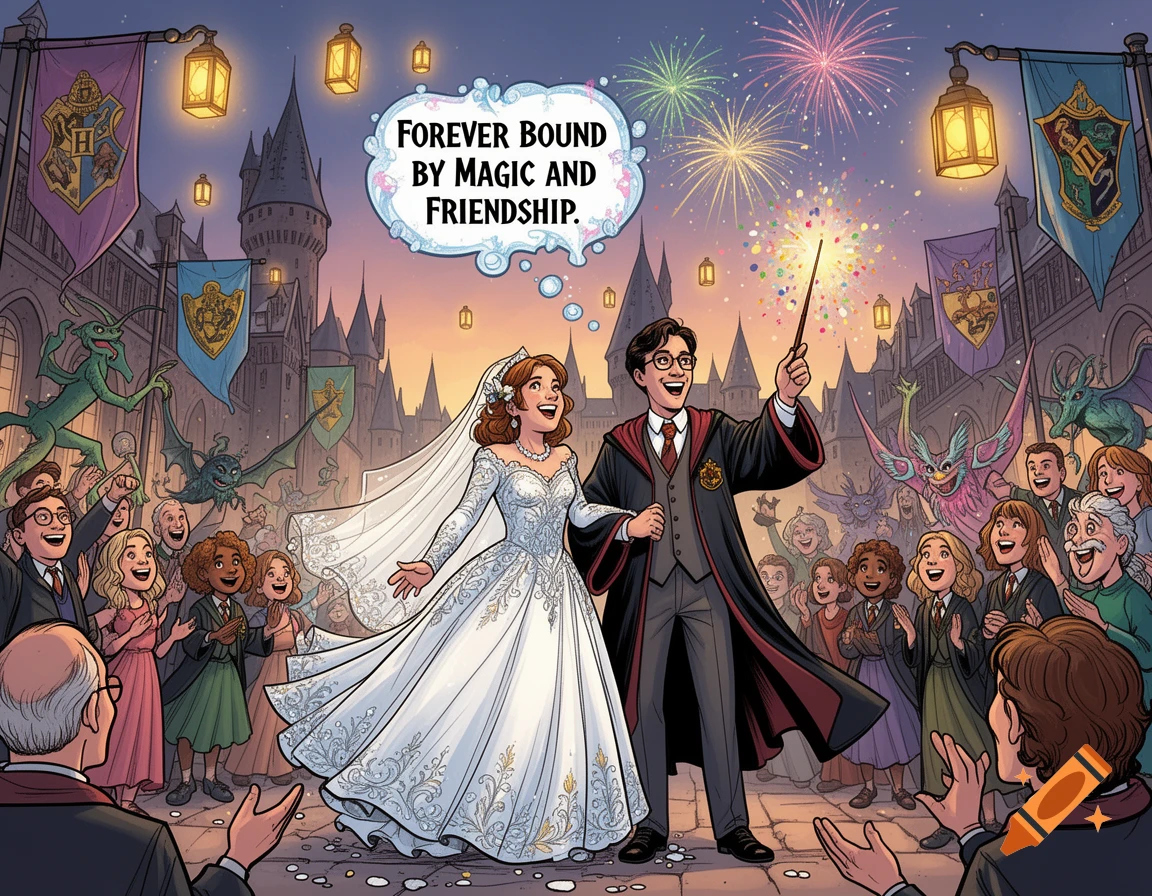 Comic art of a wizard wedding at Hogwarts, with a bride and groom, cheering guests, and fireworks, with a speech bubble saying "FOREVER BOUND BY MAGIC AND FRIENDSHIP."