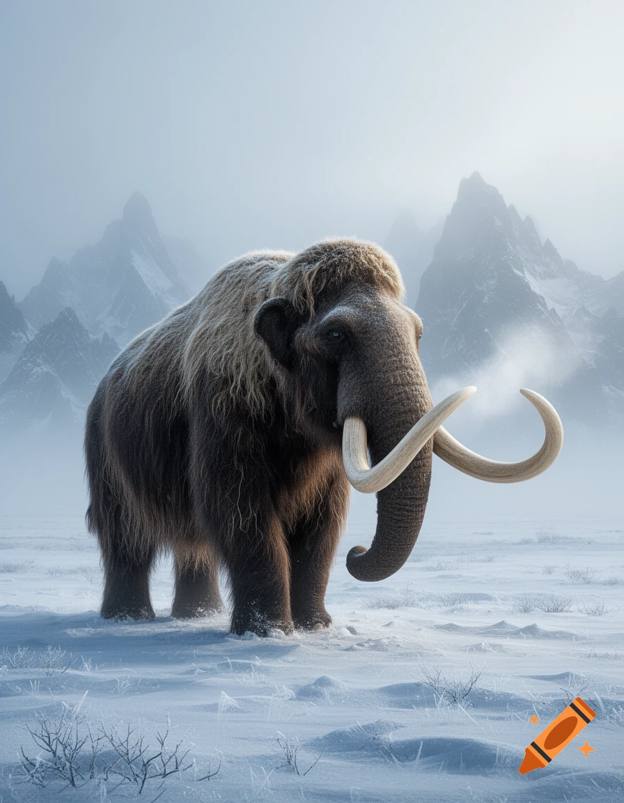 A majestic woolly mammoth stands in a vast, misty snowy landscape with distant mountains.