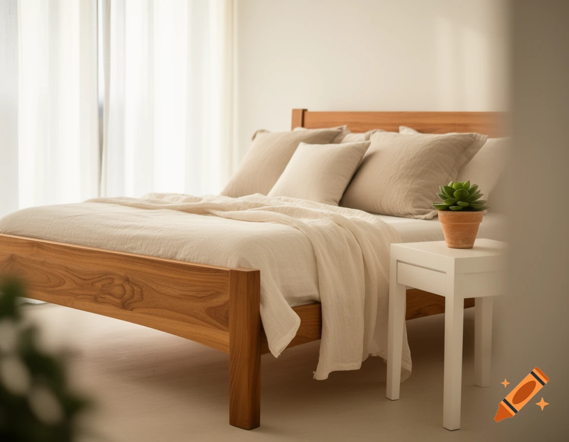 A bright bedroom featuring a wooden bed with neutral bedding, a white nightstand holding a potted succulent.