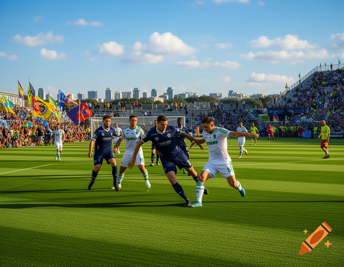 Photorealistic image of two soccer teams playing on a green field in a stadium under a blue sky, with crowds and city buildings in the background.