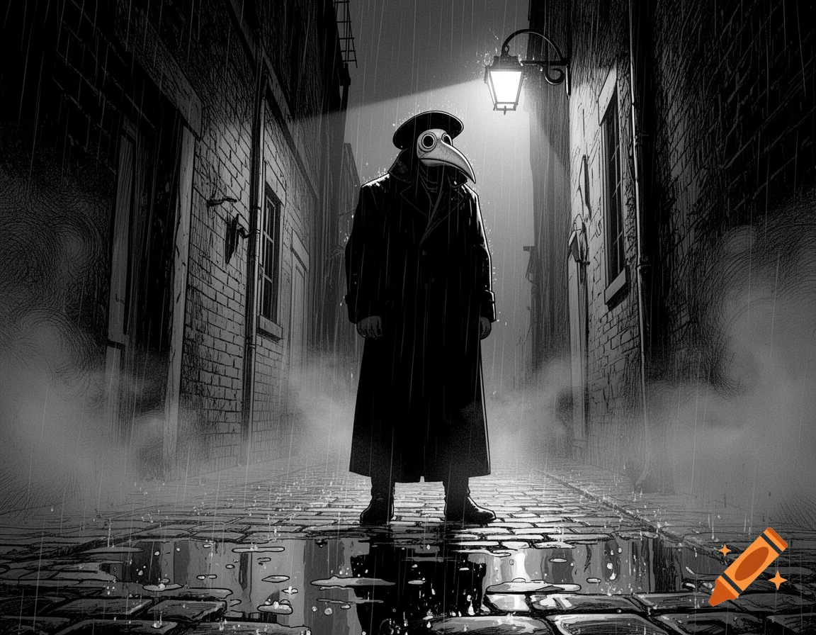 A plague doctor in a black coat and mask stands in a dark, rainy cobblestone alley, lit by a street lamp in film noir style.