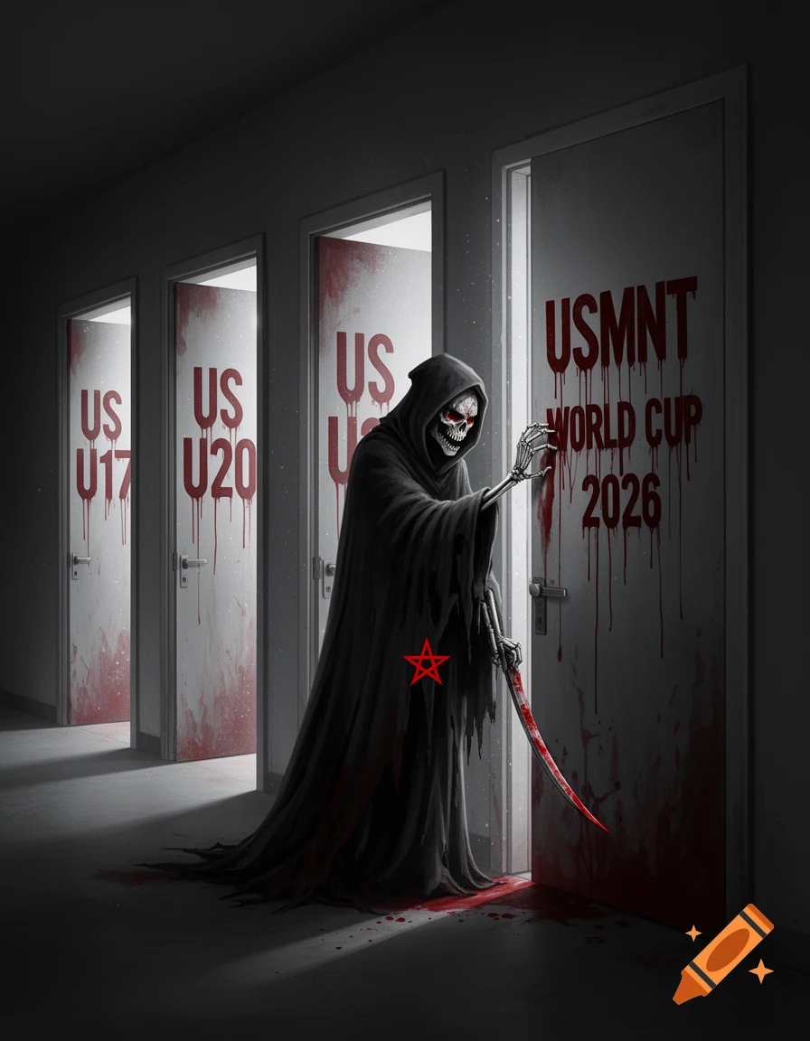 A dark fantasy illustration of the Grim Reaper holding a bloody scythe, standing before a door covered in blood-like text "USMNT WORLD CUP 2026", with other blood-splattered doors labeled "US U17" and "US U20" in the background.