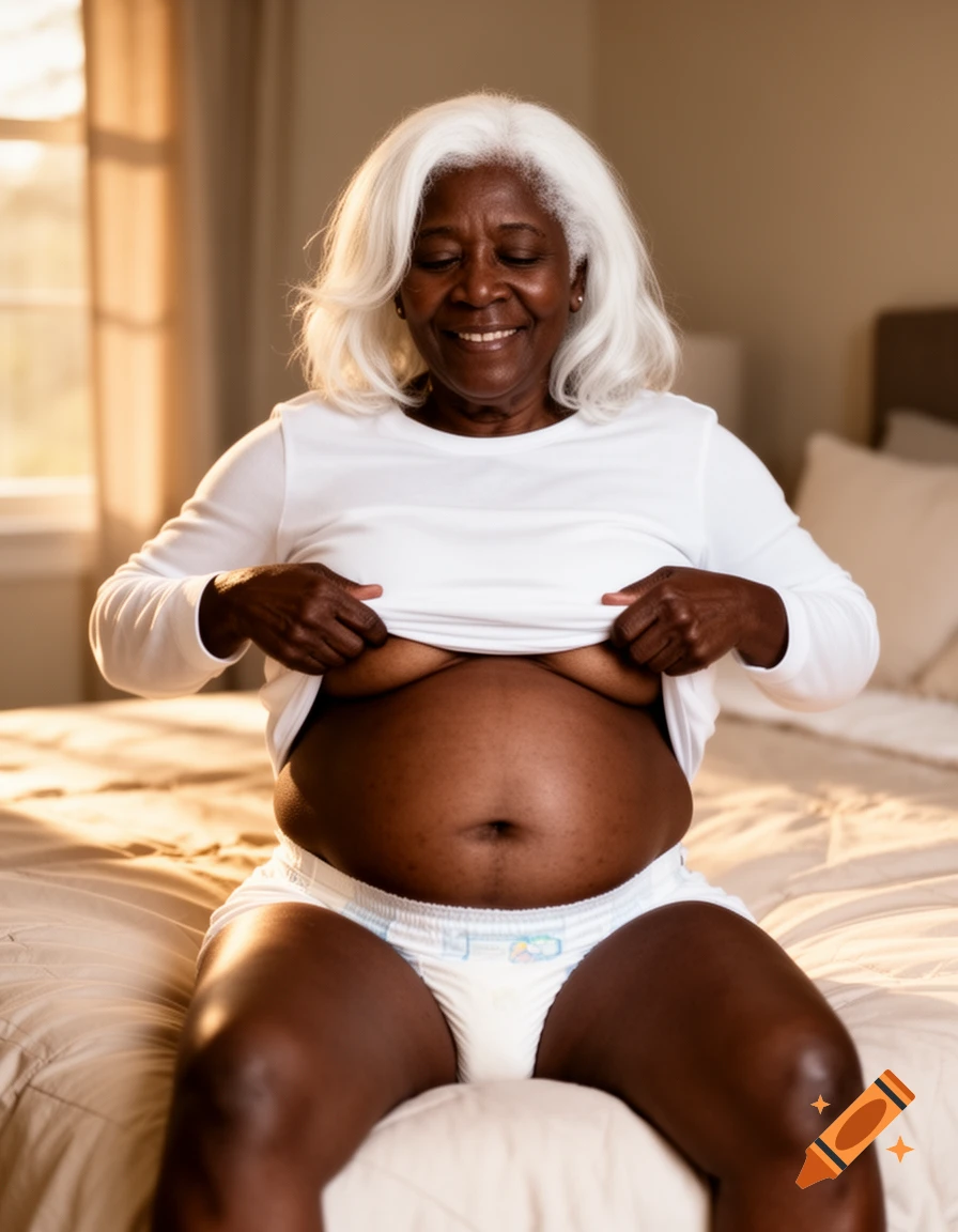 An elderly African American woman with white hair sits on a bed, smiling while pulling up her white shirt to reveal her stomach and an adult diaper.