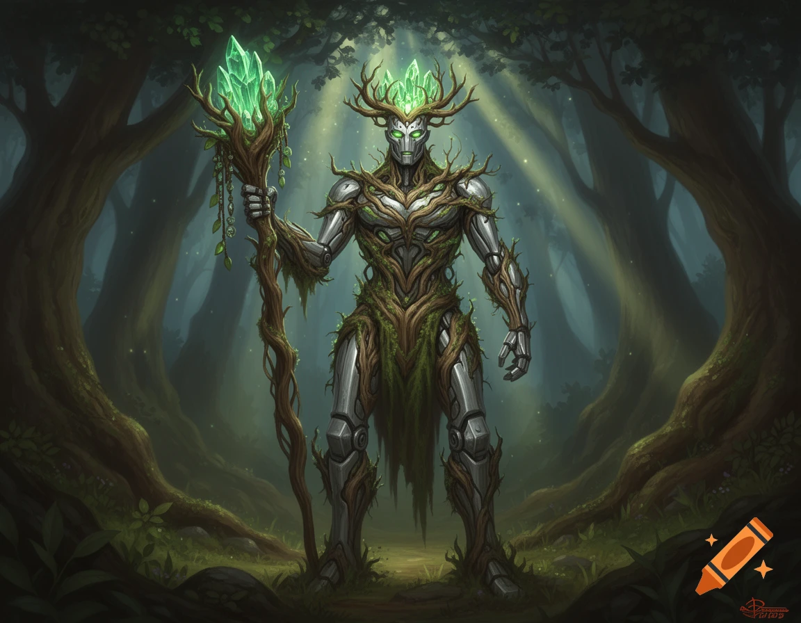 A humanoid druid figure, half metal and half tree roots, holds a glowing crystal staff in a mystical, sunlit forest.