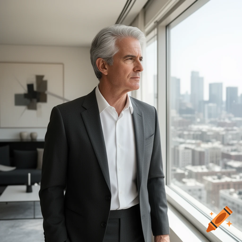 A photorealistic image of a middle-aged man in a gray suit looking out a large window at a city skyline.