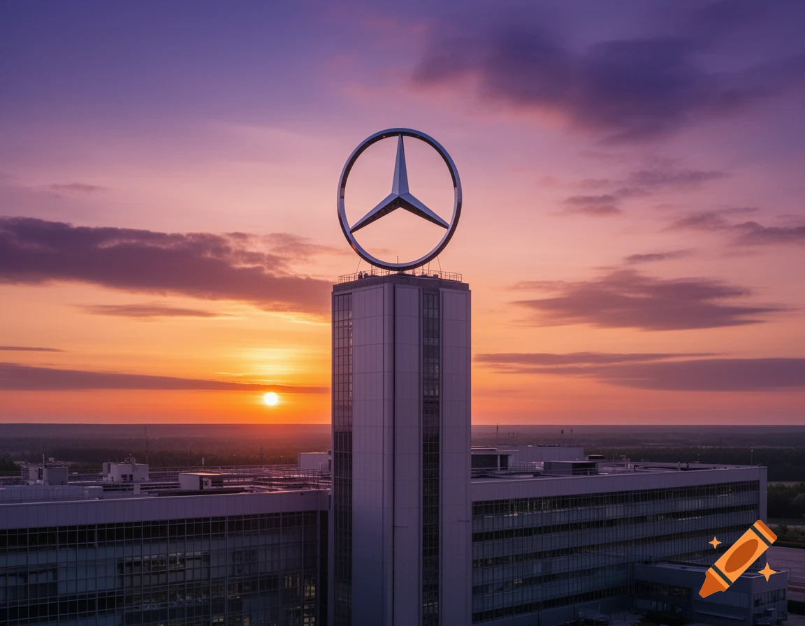 A Mercedes-Benz building with its star logo on top, silhouetted against a vibrant sunset sky.