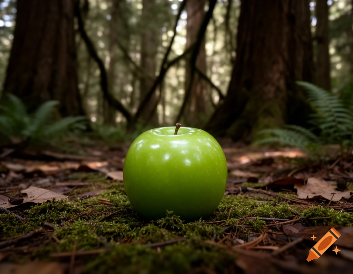 A vibrant green apple sits on moss and fallen leaves on a forest floor, with tall, dark trees out of focus in the background.