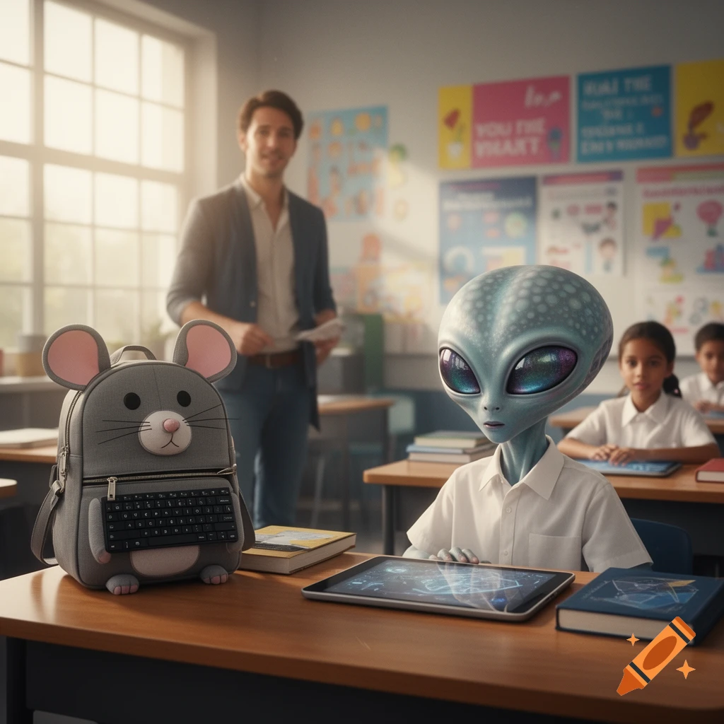 A photorealistic alien child in a classroom, with a mouse backpack featuring a keyboard on the desk and a teacher in the background.