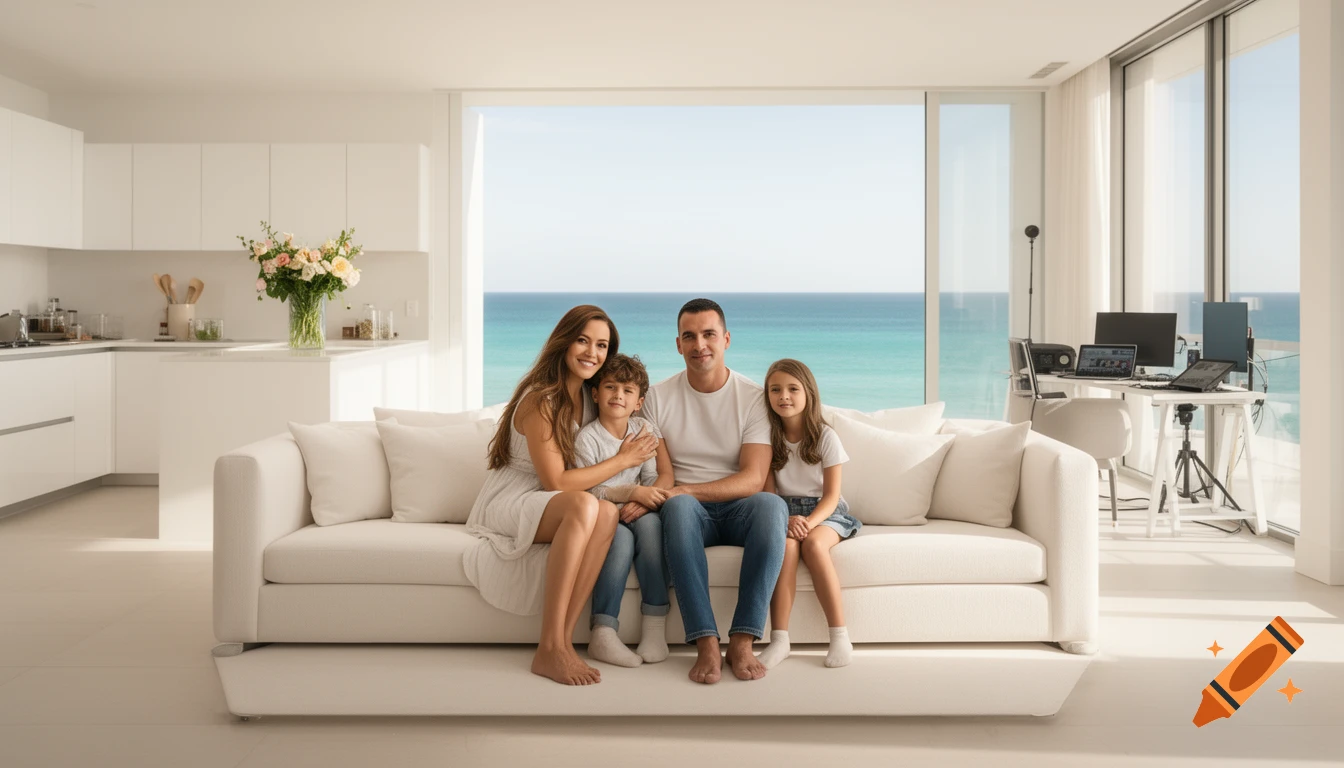 A happy family of four, including a mother, father, daughter, and son, sitting on a white couch in a bright, modern living room with a large window overlooking the ocean, in a photorealistic style.