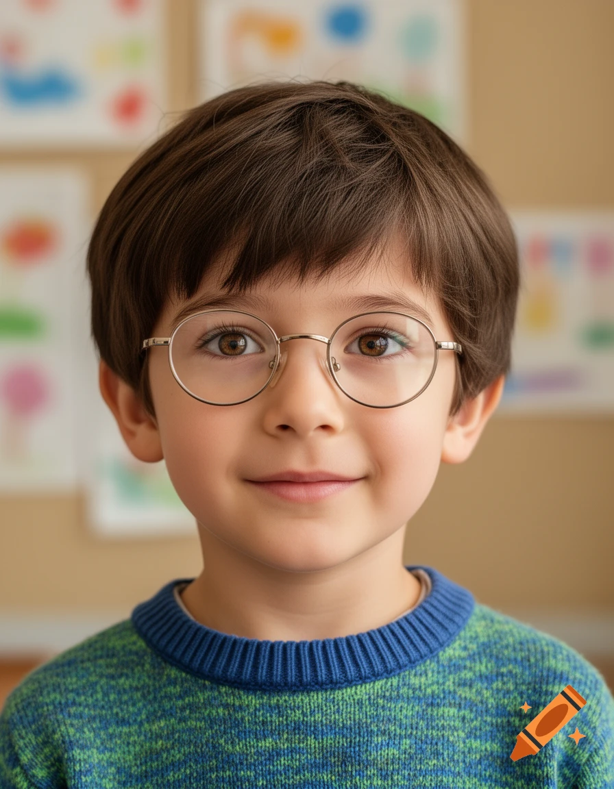 Close-up portrait of a smiling young boy with brown hair and round glasses, wearing a blue and green speckled sweater.