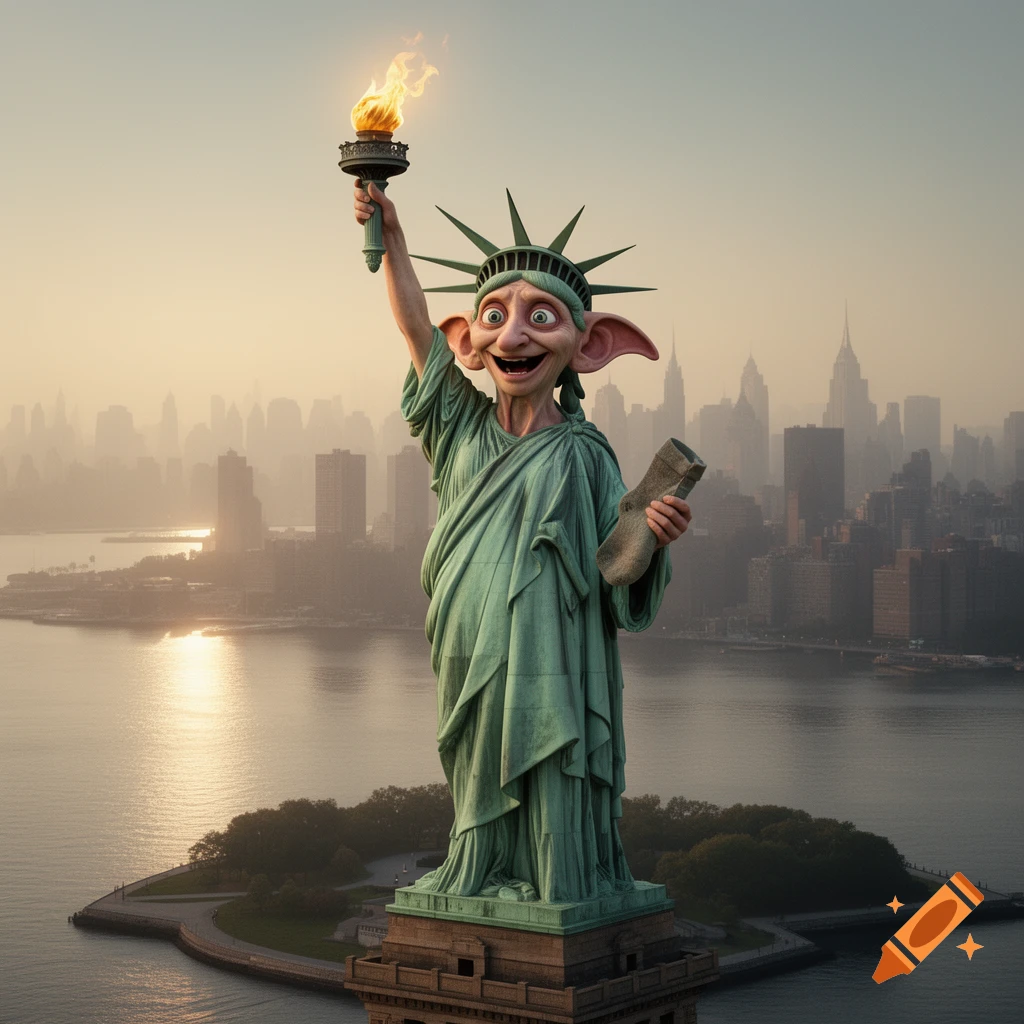 Dobby the house elf dressed as the Statue of Liberty holding a torch, against a hazy New York City skyline at sunset.