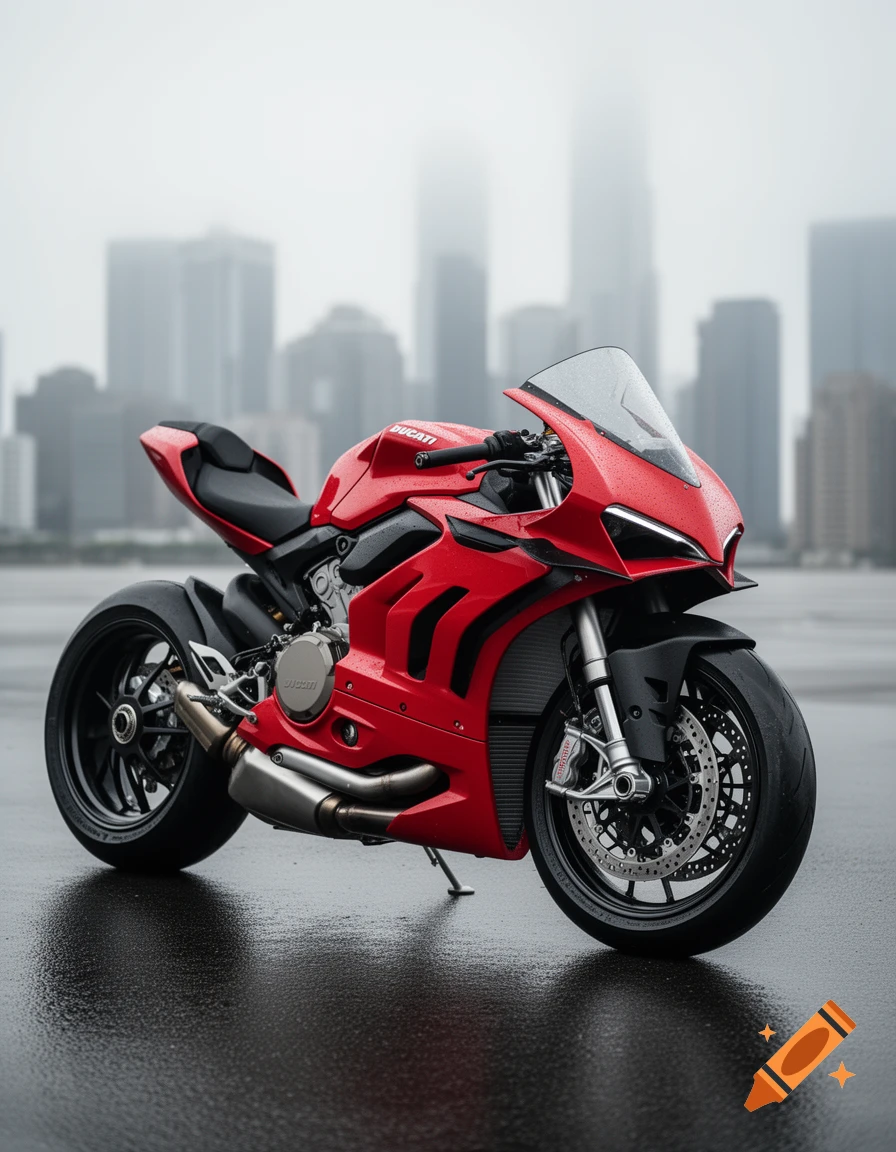A vibrant red Ducati motorcycle parked on a wet street, with a blurred city skyline shrouded in mist behind it. Photorealistic style.