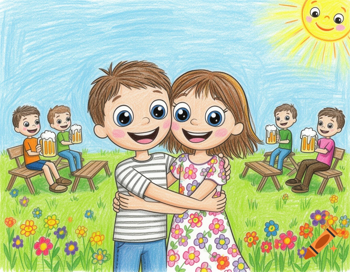 A colorful child's drawing of a boy and girl hugging in a park, with other boys holding frothy drinks in the background under a smiling sun.