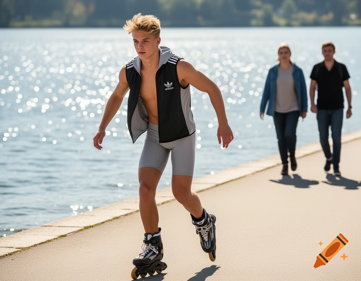 A young man rollerblades on a path beside a shimmering lake, wearing an open sleeveless vest and grey shorts, with two people walking behind him.