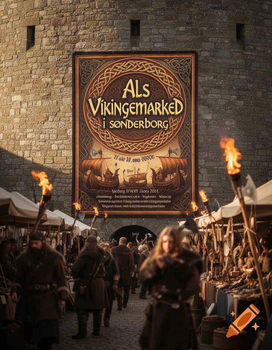 A bustling Viking market scene with people in period attire, market stalls, and torches, featuring a large decorative banner on a stone wall.