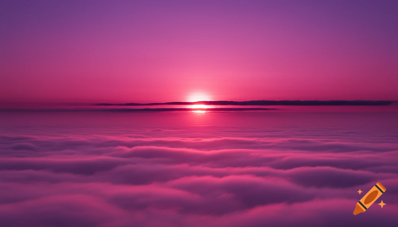 A vibrant, surreal digital artwork of a hot pink and violet sunset over a sea of fluffy pink clouds, with dark cloud silhouettes.