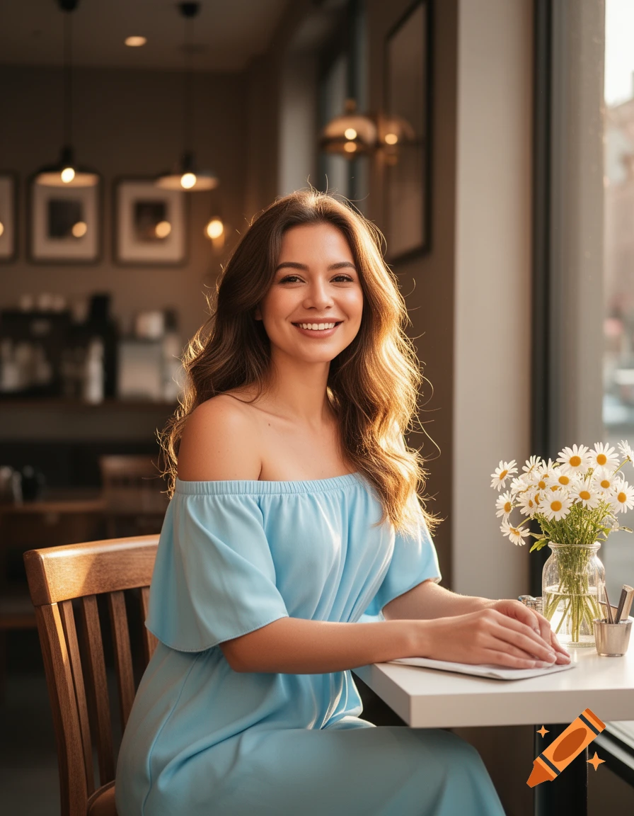 A smiling woman with long brown hair in a light blue off-shoulder dress sits at a cafe table with a vase of daisies.