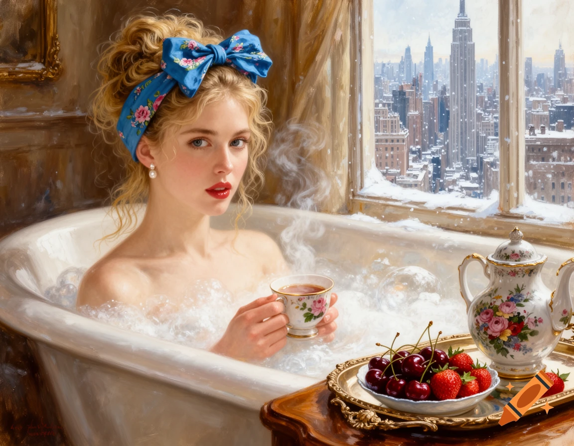 A young woman in a bubble bath holds a teacup, with a snowy city skyline visible through the window, rendered as an oil painting.