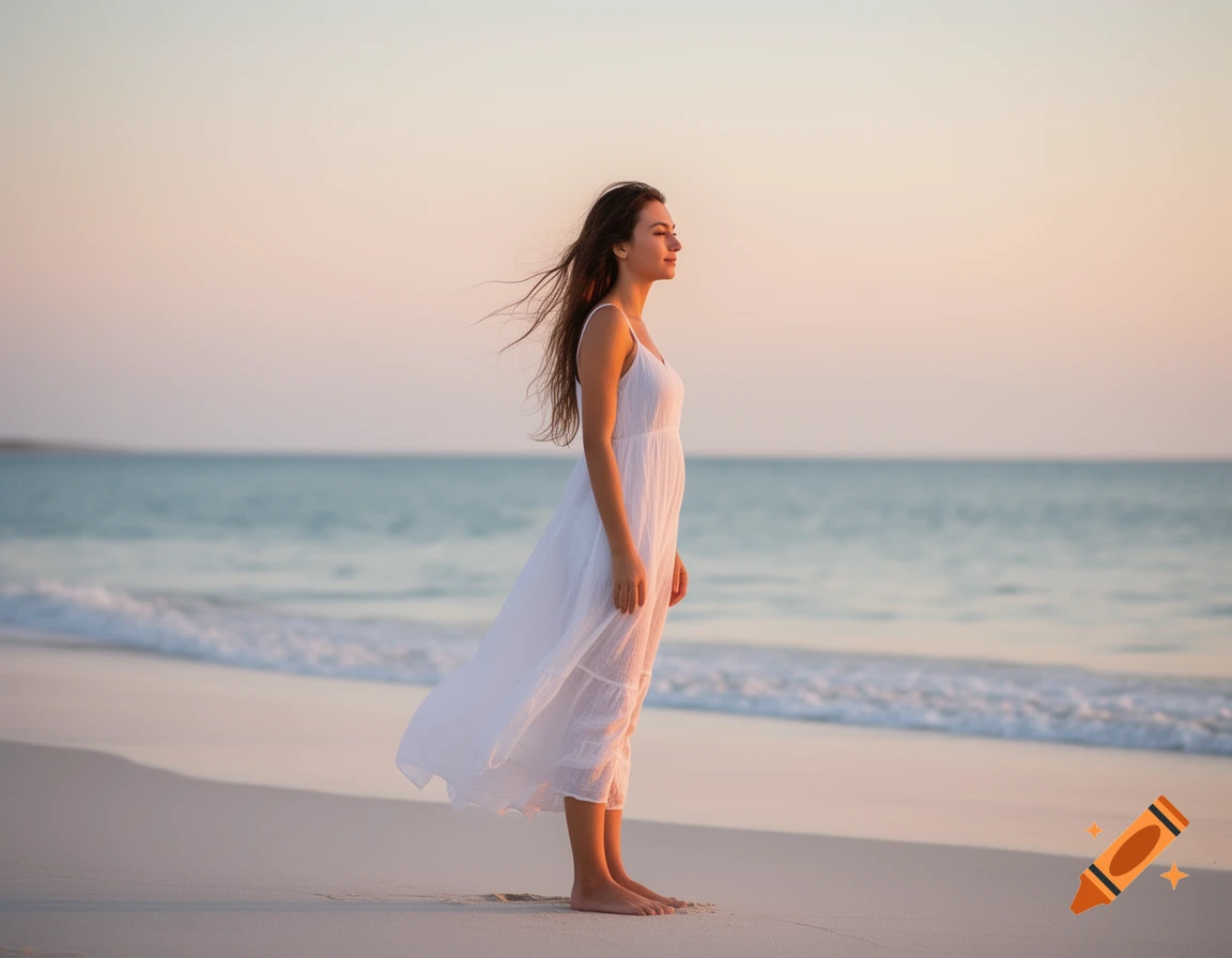 Young woman in a white dress stands on a beach, looking at the ocean during sunset.