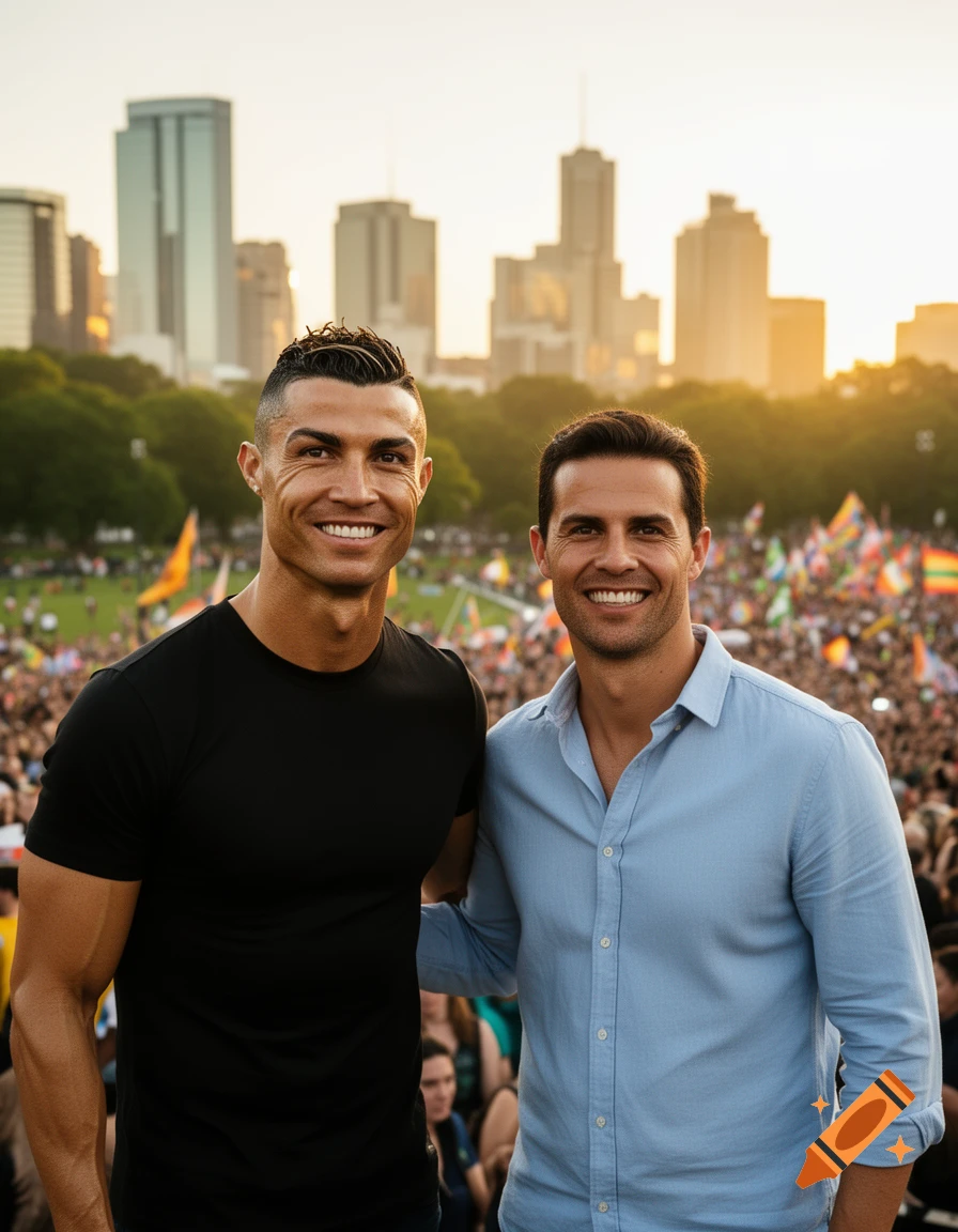 Photorealistic image of Cristiano Ronaldo and another man smiling and standing together in front of a crowd and a cityscape at sunset.